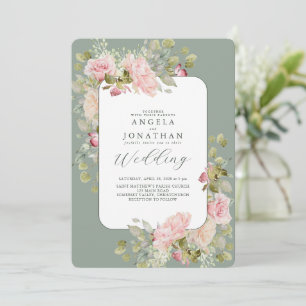 Pastel Pink Olive Green Wedding Invitation