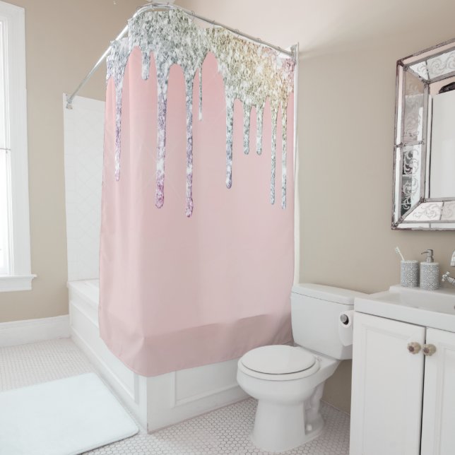 *~* Pastel Pink OMBRE GLITTER Drip Magenta AP7  Shower Curtain (In Situ)