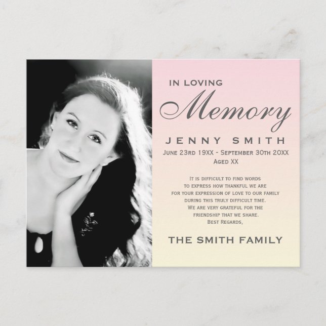 Pastel Pink Ombré Memorial Family Acknowledgement Postcard (Front)
