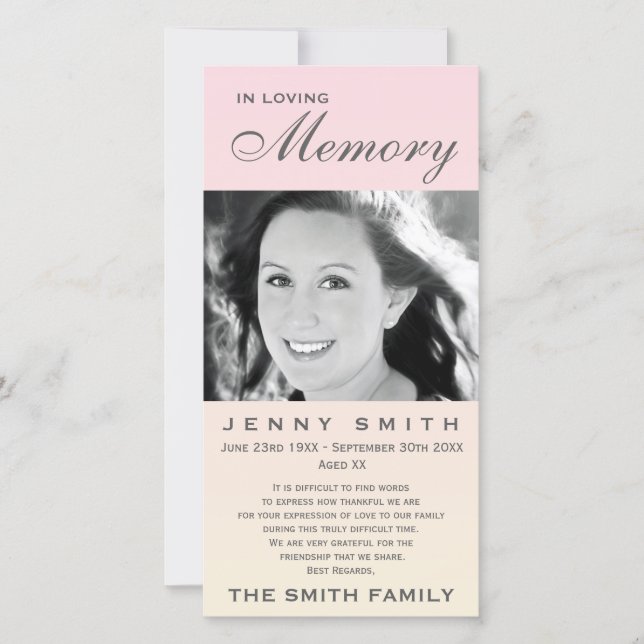 Pastel Pink Ombré Memorial Family Acknowledgement Thank You Card (Front)
