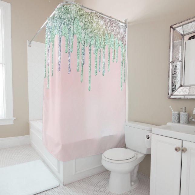 *~* Pastel Pink Ombre Mint Coral Drip AP7 Shower Curtain (In Situ)