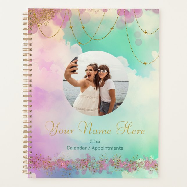 Pastel Pink Orbs and Gold Stars Calendar Planner (Front)