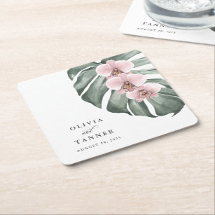 Pastel Pink Orchids on Monstera Tropical Wedding  Square Paper Coaster