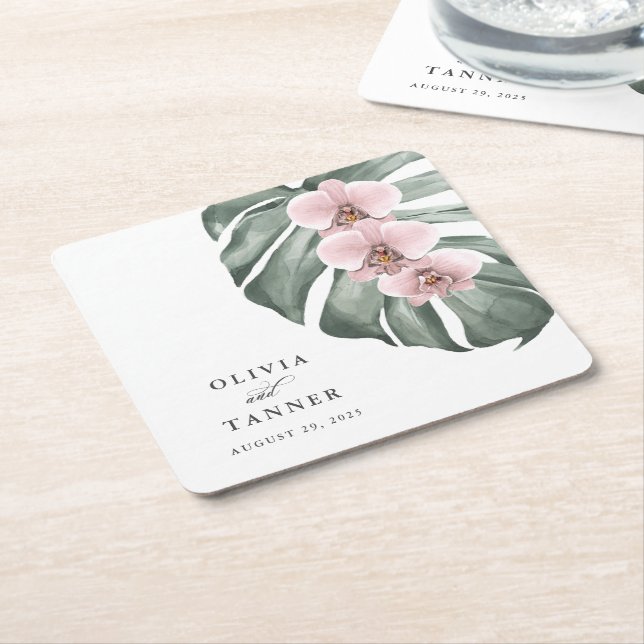 Pastel Pink Orchids on Monstera Tropical Wedding  Square Paper Coaster (Angled)