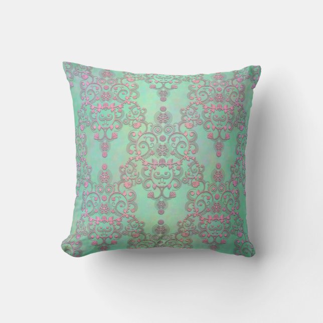 Pastel Pink over Mint Green Floral Damask Cushion (Front)