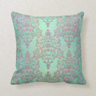 Pastel Pink over Mint Green Floral Damask Cushion