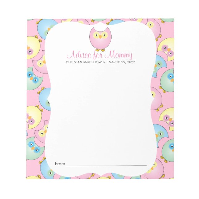 Pastel Pink Owl Baby Shower - Advice Notepad (Front)