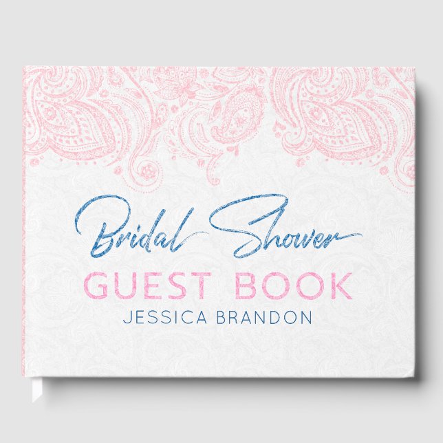 Pastel pink paisley lace & modern typography guest book (Front)