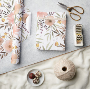 Pastel Pink Peach Olive Floral Leaves Pattern Wrapping Paper
