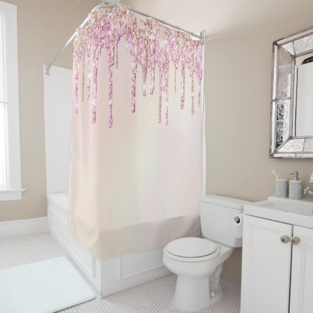 *~* Pastel Pink Peach Ombre Gold Glitter Drip AP7  Shower Curtain (In Situ)