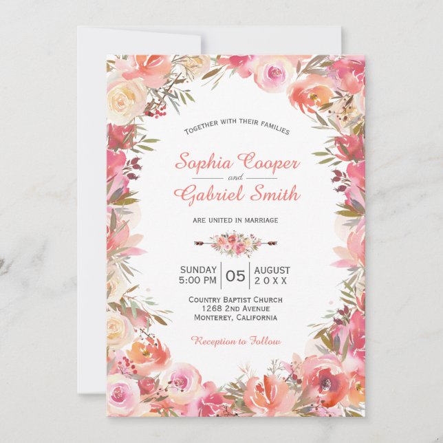 Pastel Pink Peach Rose Floral Frame Wedding Invitation (Front)