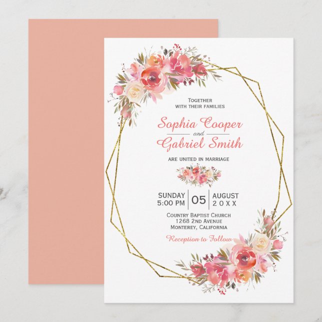 Pastel Pink Peach Rose Floral | Gold Frame Wedding Invitation (Front/Back)