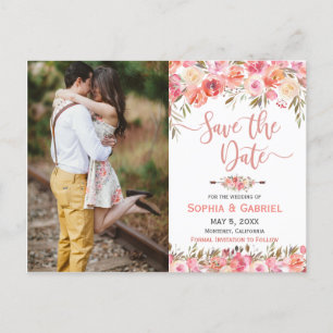 Pastel Pink Peach Rose Floral Photo Save the Date Announcement Postcard