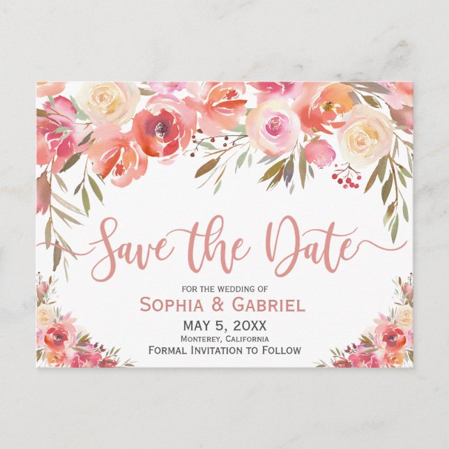 Pastel Pink Peach Rose Floral Save the Date Announcement Postcard (Front)