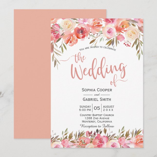 Pastel Pink Peach Rose Floral Wedding Invitation (Front/Back)