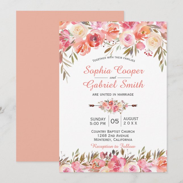 Pastel Pink Peach Rose Floral Wedding Invitation (Front/Back)