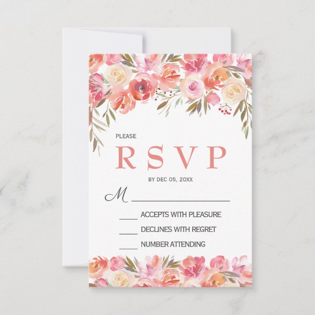 Pastel Pink Peach Rose Floral Wedding RSVP card (Front)