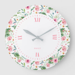 Pastel pink peonies pattern large clock