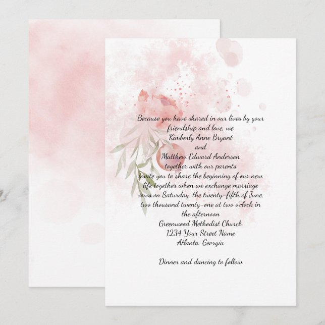 Pastel Pink Peony Watercolor Wash Wedding Invitation (Front/Back)