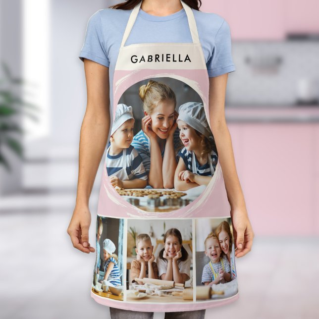 Pastel Pink Photo Collage Personalised Kitchen Apron (A pink kitchen apron, with four custom photos and personalized name on a cream panel)