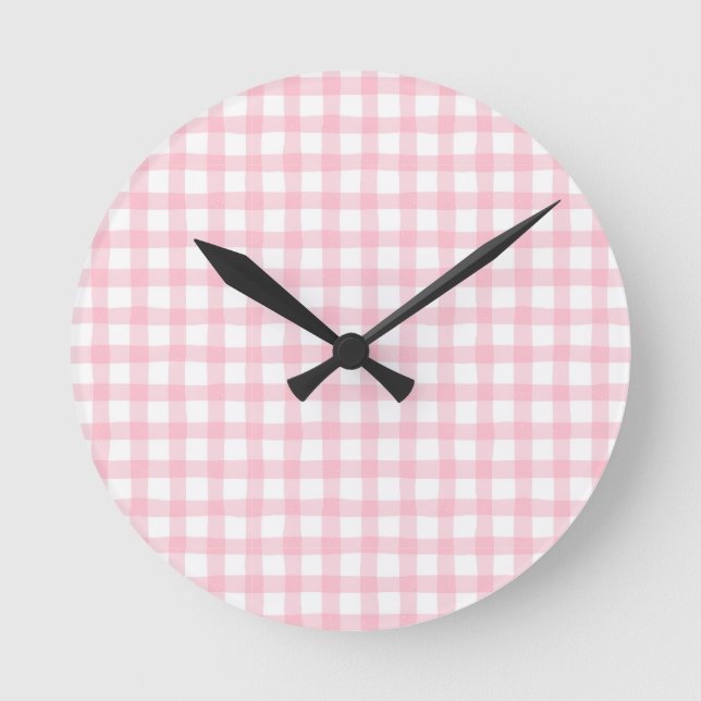 Pastel Pink Plaid – Soft Aesthetic Seamless Round Clock (Front)
