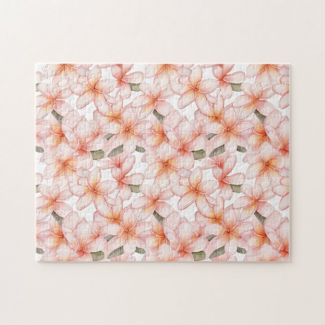 Pastel Pink Plumeria Frangipani Floral Patterned Jigsaw Puzzle (Horizontal)