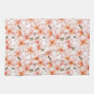 Pastel Pink Plumeria Frangipani Floral Patterned Tea Towel