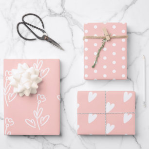 Pastel Pink Pretty Flowers Hearts Polka Dots Wrapping Paper Sheet