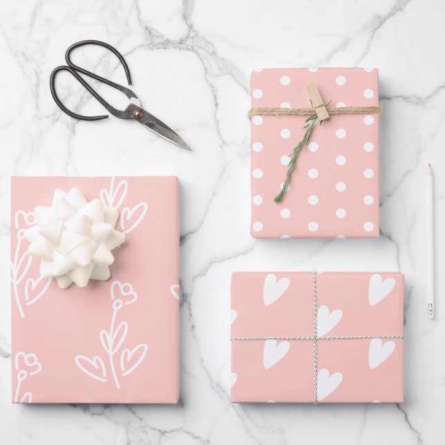 Pastel Pink Pretty Flowers Hearts Polka Dots Wrapping Paper Sheet (Front)