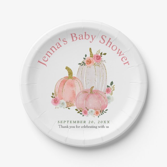 Pastel Pink Pumpkin Floral Roses | Baby Shower   Paper Plate (Front)