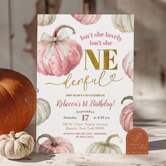 Pastel Pink Pumpkin Isn't she onederful Birthday Invitation (Creator Uploaded)