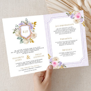 Pastel Pink Purple Floral All in One Crest Wedding Invitation