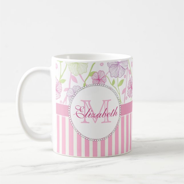 Pastel pink, purple, flowers, pink & white stripes coffee mug (Left)