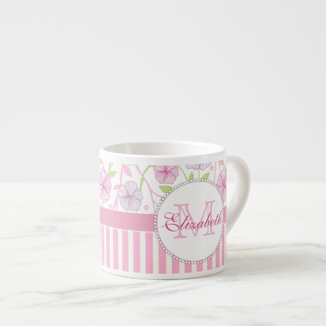 Pastel pink, purple, flowers, pink & white stripes espresso cup (Front Right)
