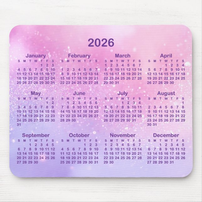Pastel Pink Purple Glitter 2026 Calendar Mouse Mat (Front)