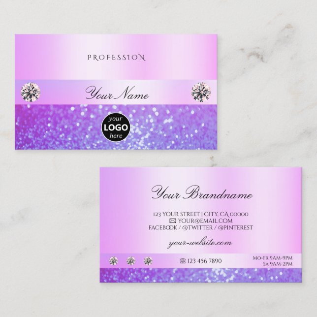Pastel Pink Purple Glitter Jewels and Logo Glamour Business Card (Front/Back)