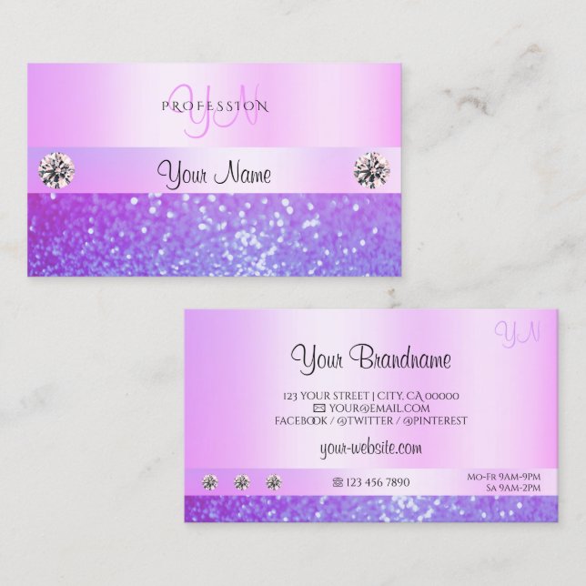 Pastel Pink Purple Glitter Jewels Monogram Glamour Business Card (Front/Back)