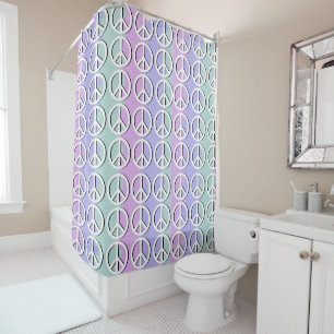 PASTEL PINK PURPLE & GREEN WITH WHITE PEACE SYMBOL SHOWER CURTAIN