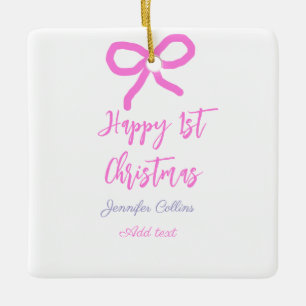 Pastel pink purple happy 1st Christmas bow name da Ceramic Ornament