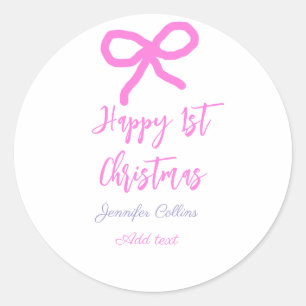 Pastel pink purple happy 1st Christmas bow name da Classic Round Sticker