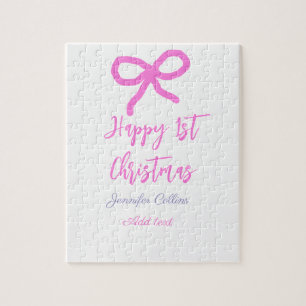 Pastel pink purple happy 1st Christmas bow name da Jigsaw Puzzle
