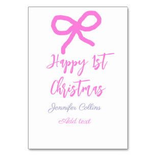 Pastel pink purple happy 1st Christmas bow name da Table Number