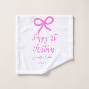 Pastel pink purple happy 1st Christmas bow name da Wash Cloth