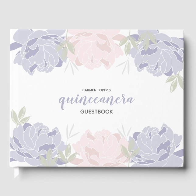Pastel Pink & Purple Peonies Quinceanera Guestbook (Front)