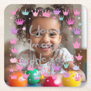 Pastel Pink Purple Princess Crown Photo Border Square Paper Coaster