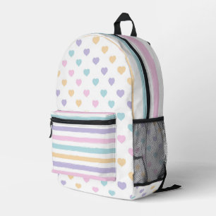 PASTEL PINK PURPLE YELLOW BLUE STRIPES & HEARTS PRINTED BACKPACK