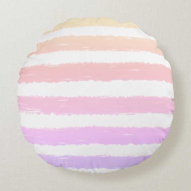 Pastel Pink Purple Yellow Watercolor Stripes Round Cushion (Front)