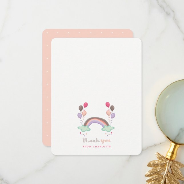 Pastel Pink Rainbow And Balloons Girl Baby Shower Thank You Card (Front/Back In Situ)