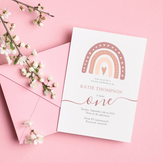 Pastel Pink Rainbow Boho Virtual First Birthday Invitation (Creator Uploaded)