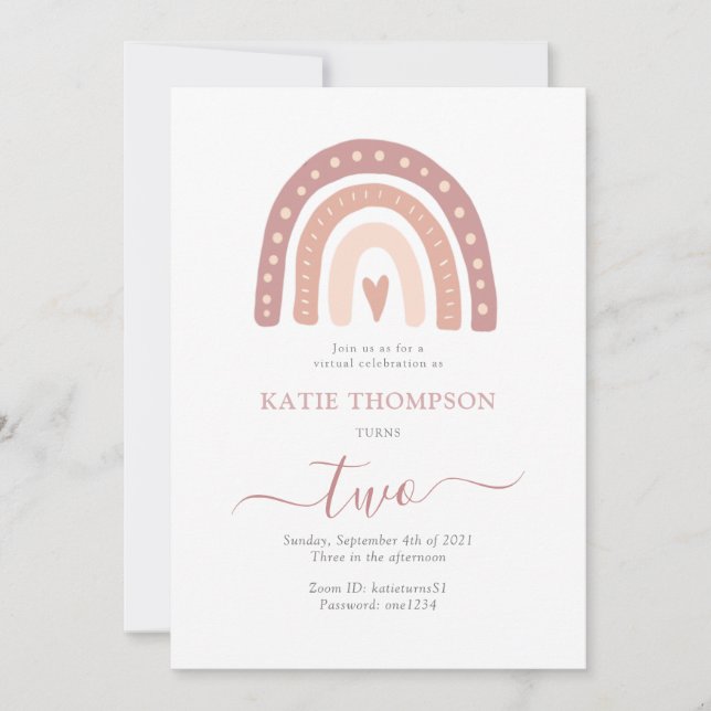 Pastel Pink Rainbow Boho Virtual Second Birthday Invitation (Front)